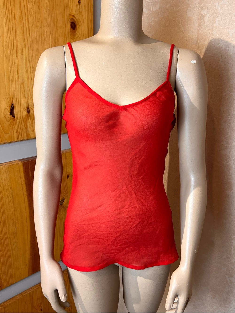 Sheer Red V-Neck Fitted Lingerie-Style Camisole - Sz S